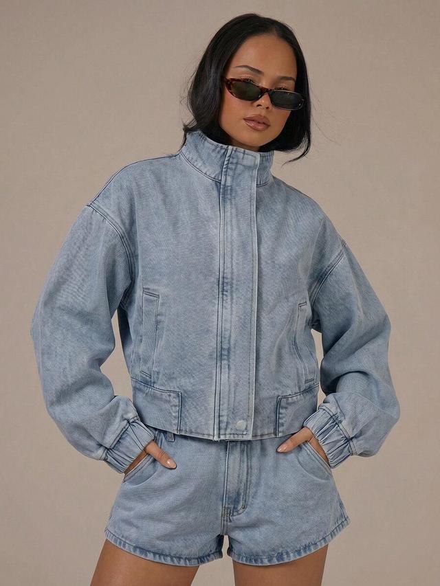 light wash denim cropped bomber jacket