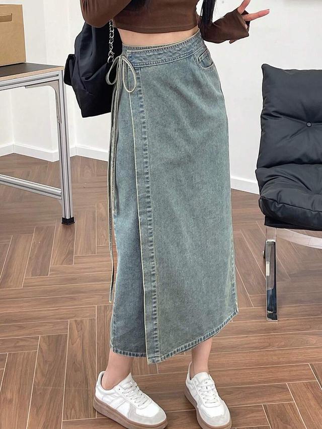 light wash denim wrap midi skirt