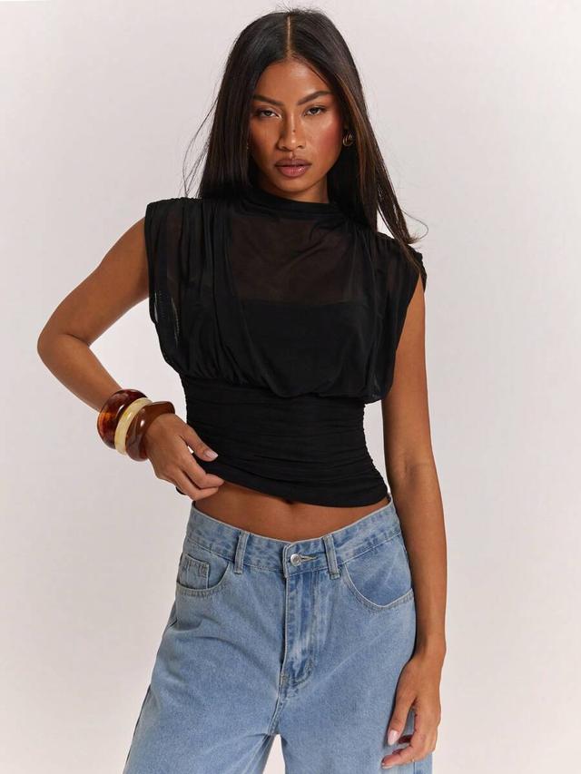 black mock neck ruched mesh sleeveless top