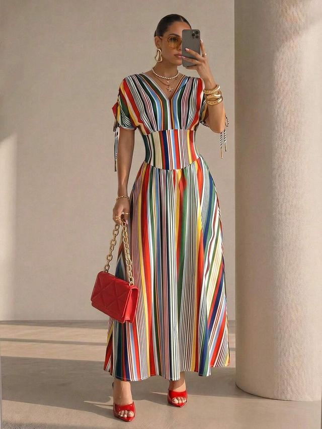 colorful striped v-neck pleated drawstring flare long dress