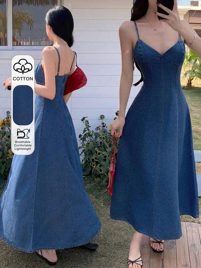 sleeveless waist cinched long denim vacation dress