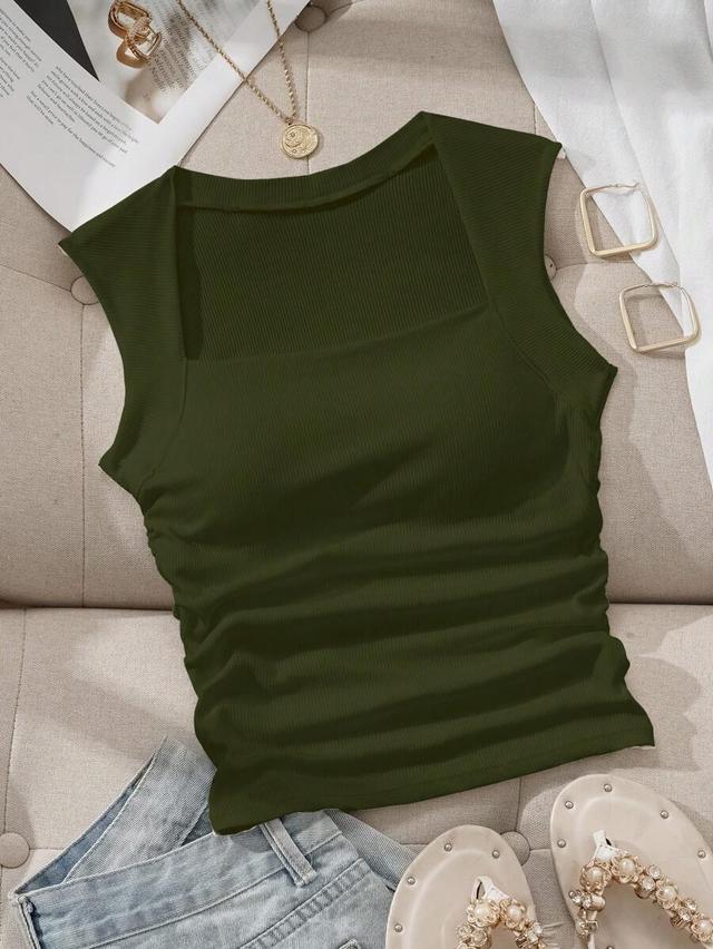olive green ribbed square neck tank with built-in bra