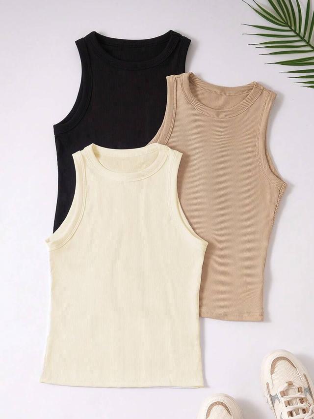 beige crew neck ribbed casual tank top
