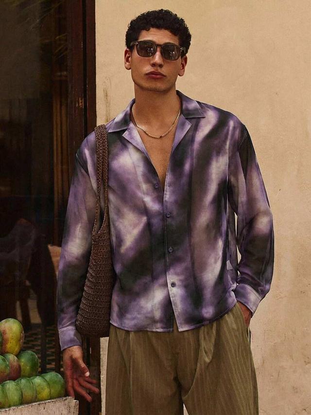 oversized purple tie dye revere collar button shirt