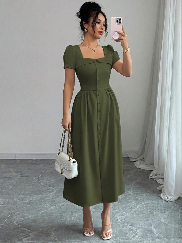 olive green trapezoid collar button front midi dress