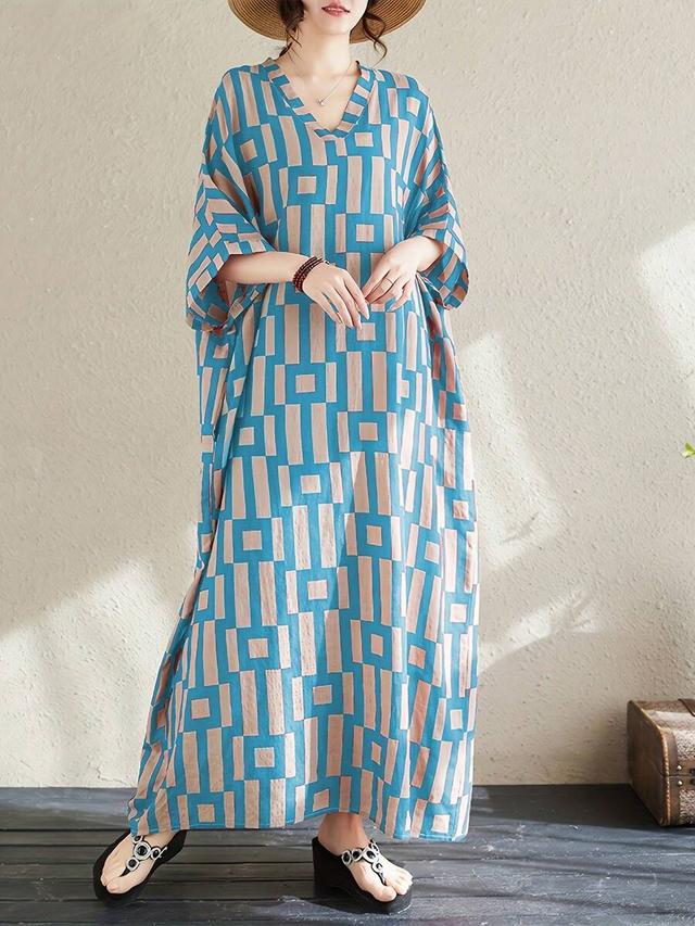 women's casual geometric print v-neck kaftan dress