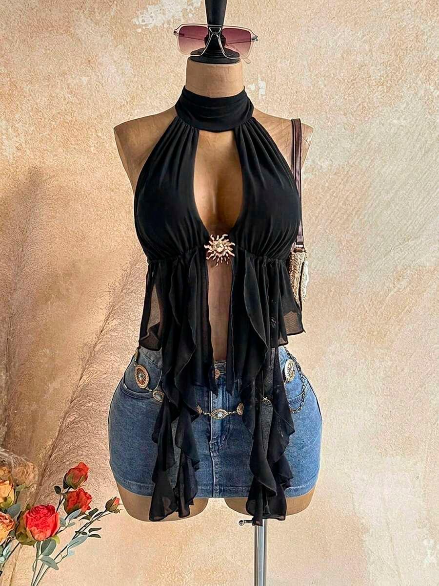black halter neck ruched metal decor backless blouse
