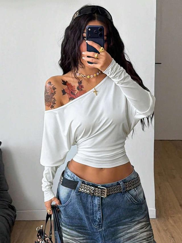white asymmetrical neck long sleeve ruched crop top