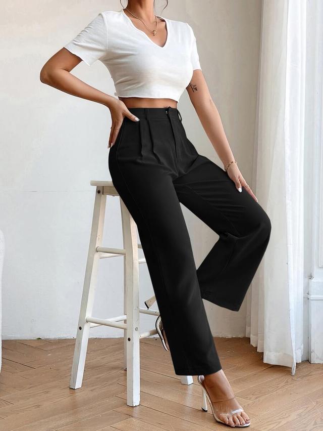 high waist plicated straight leg black trousers