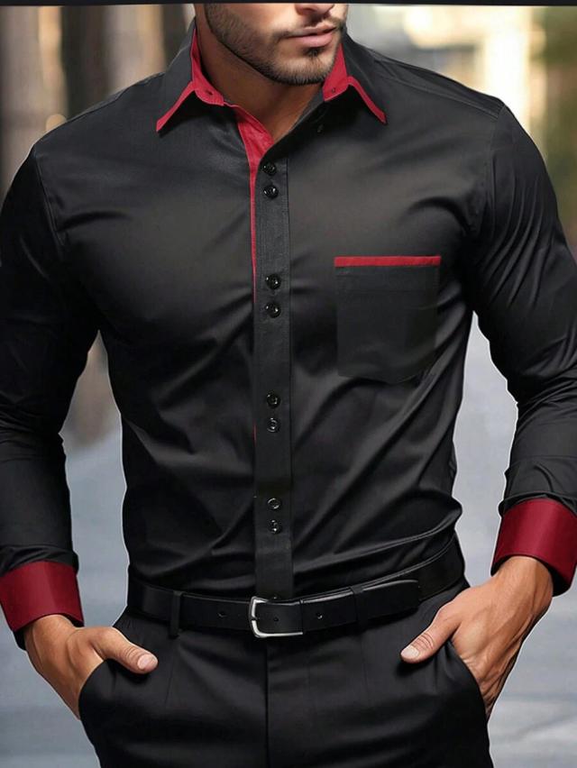 solid black patchwork long sleeve button down shirt