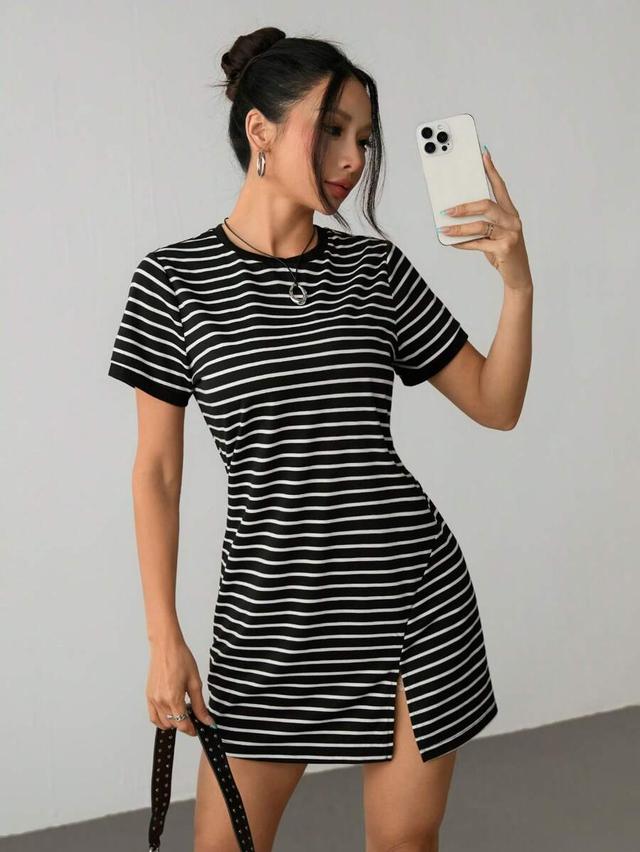 striped short sleeve t-shirt dress with side slit