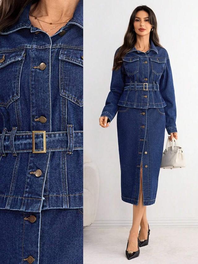 denim commuter jacket and midi skirt set