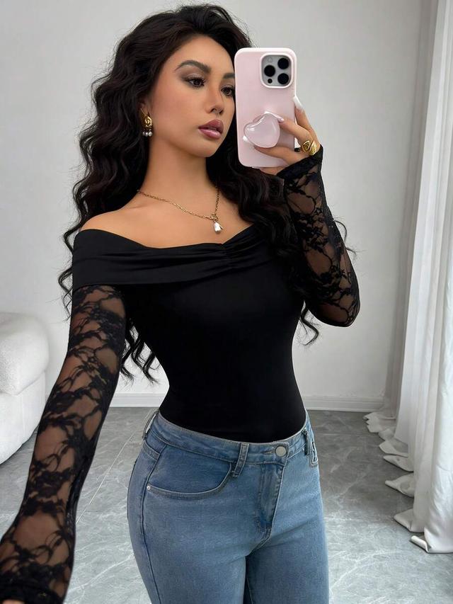black off-the-shoulder lace patchwork long sleeve top