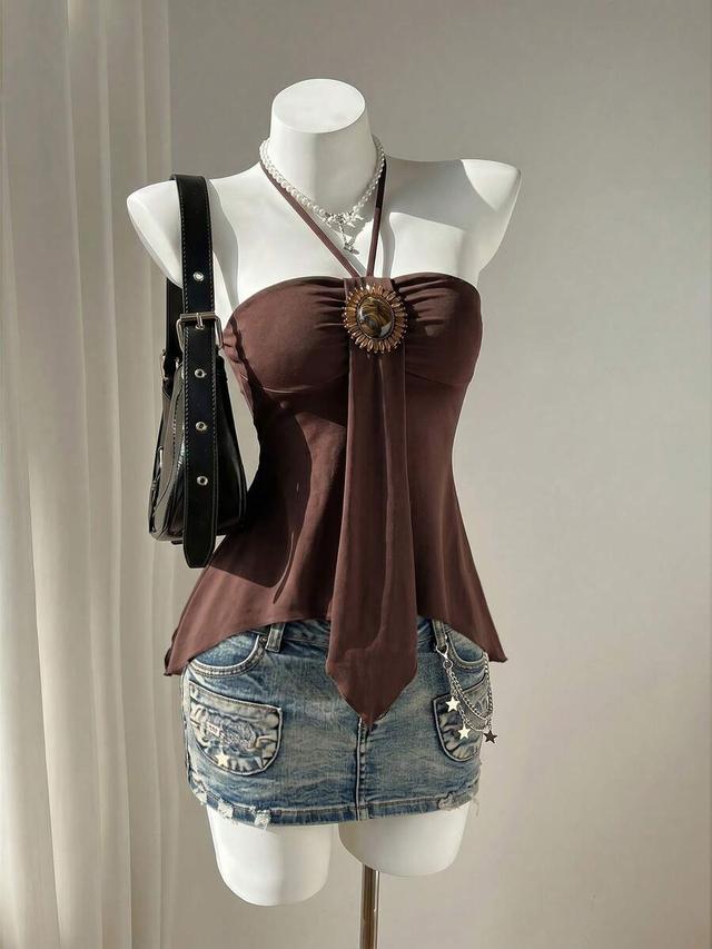 brown floral beaded patch halter camisole top