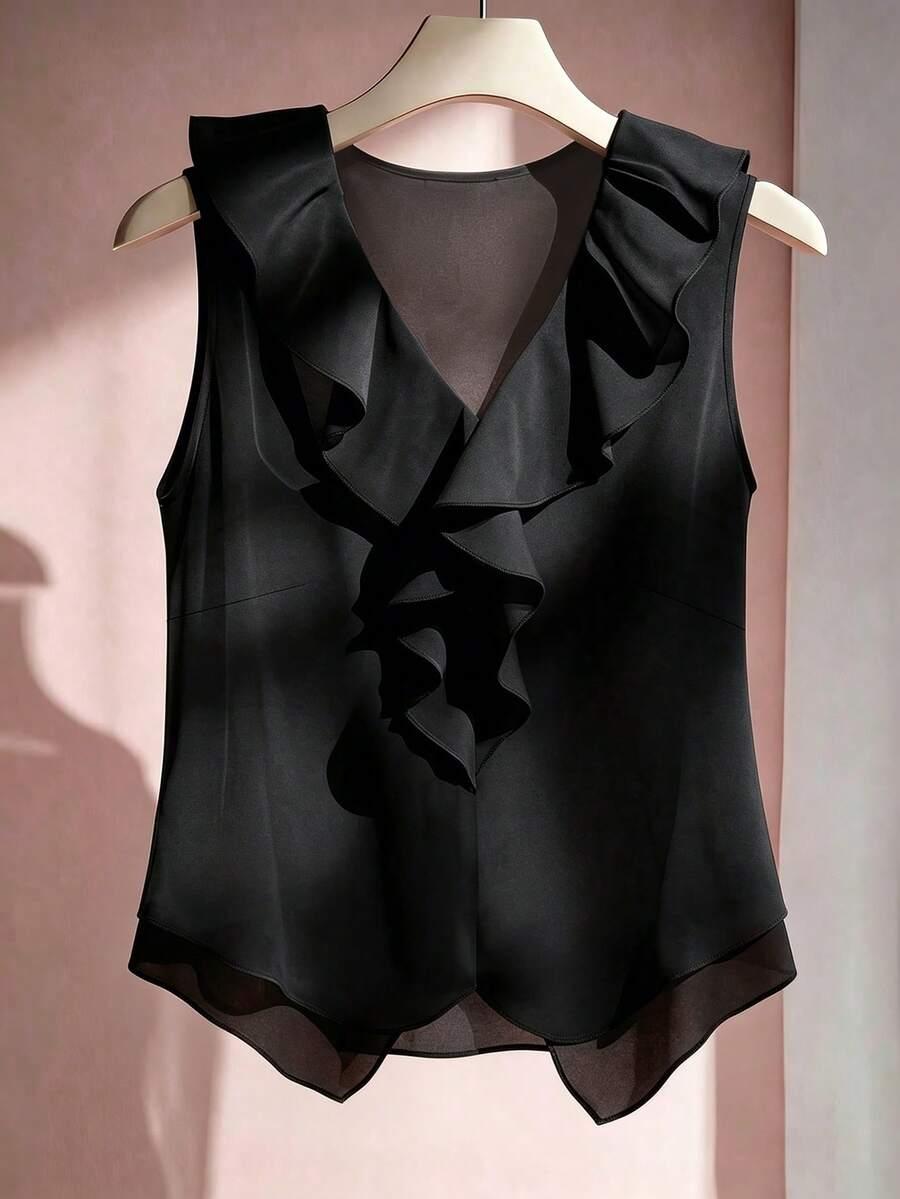 black sleeveless v-neck ruffle blouse
