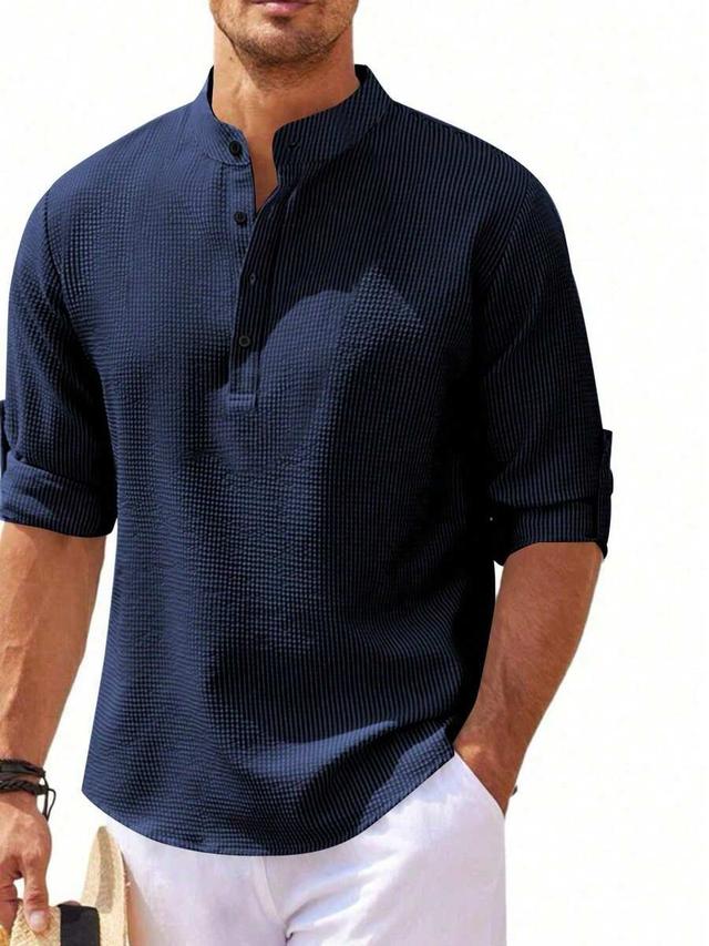 men's navy blue crinkled polyester henley shirt