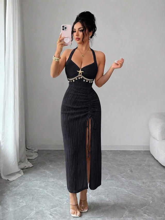 selianne textured black backless tie-up ruched slit dress
