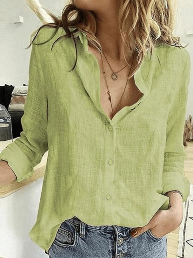 solid light green linen button-up collared blouse