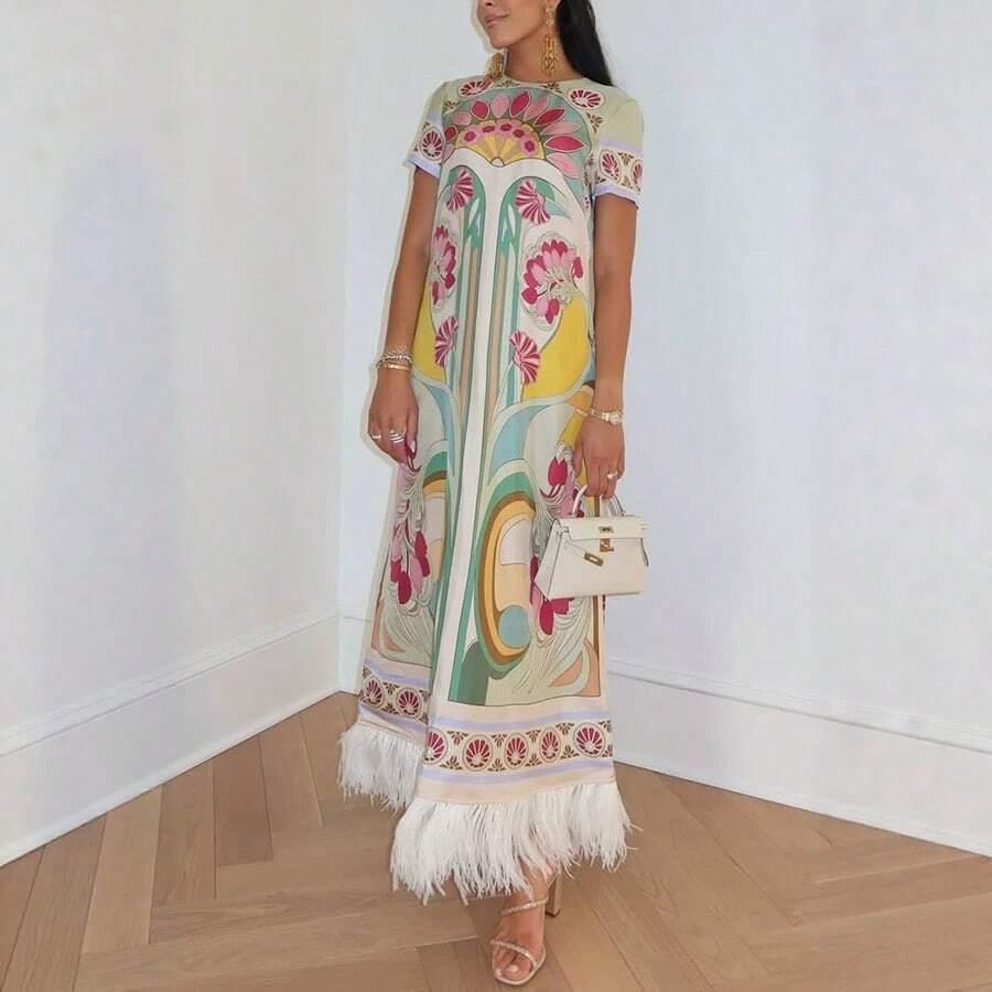 art deco floral print silk maxi dress with feathers
