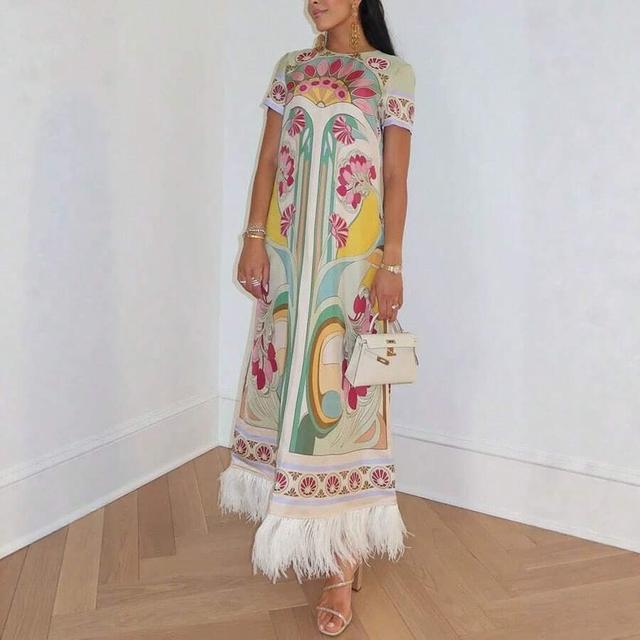 art deco floral print silk maxi dress with feathers
