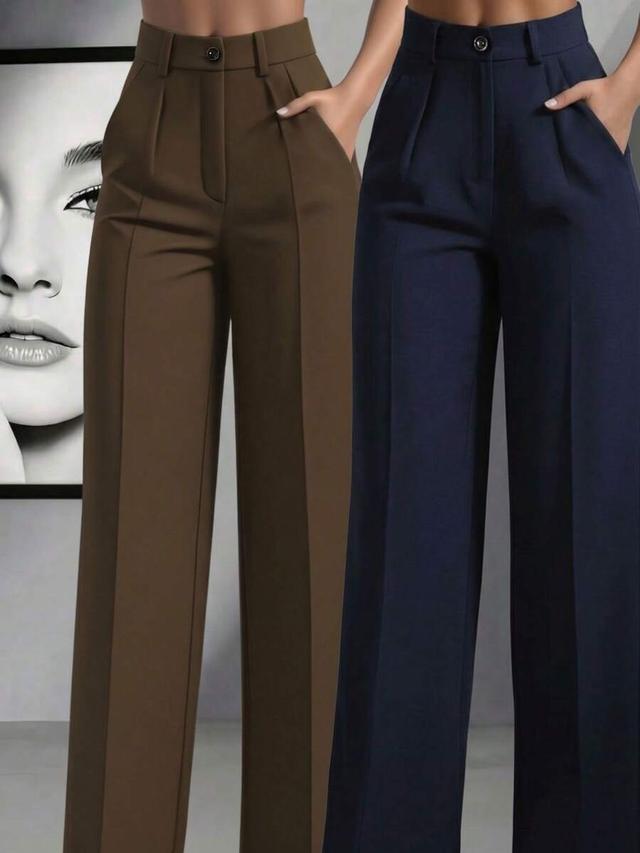 brown high-waisted pleated wide-leg navy trousers