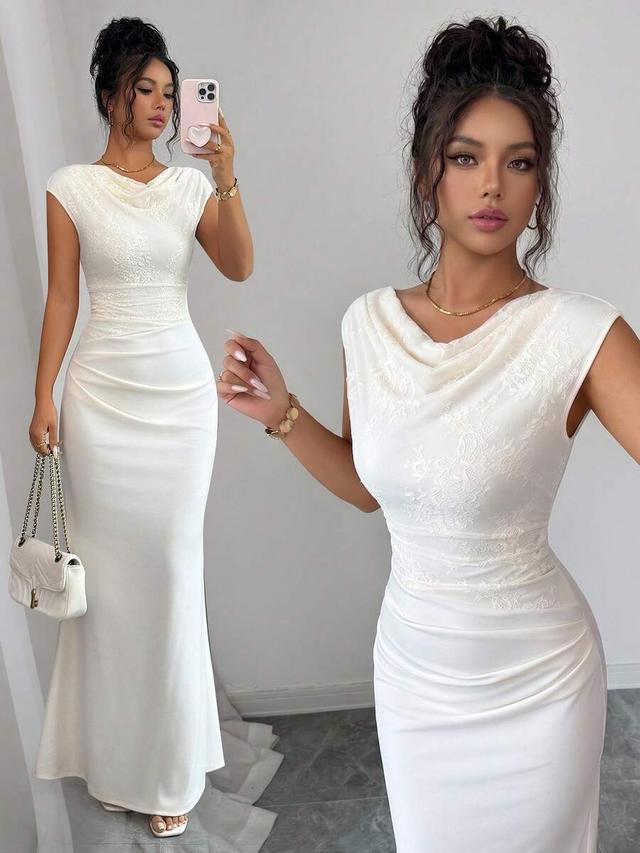 elegant white lace patchwork cowl neck mermaid dress