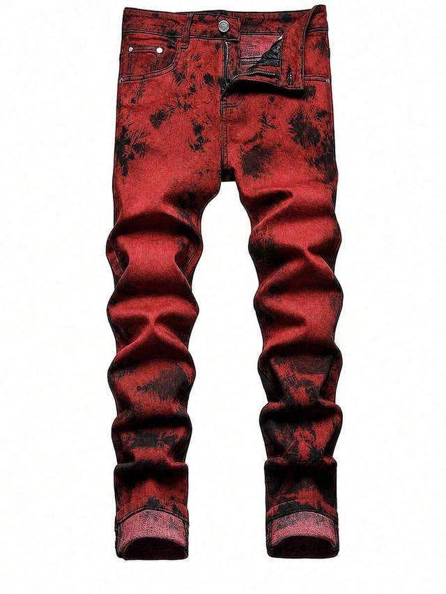 men's red acid wash distressed skinny denim jeans