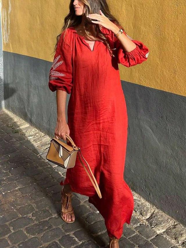 elegant red linen v-neck dress with sleeve embroidery