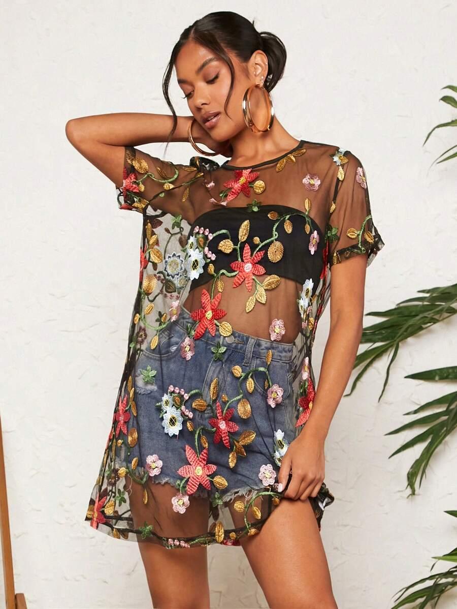 black floral embroidered sheer mesh tunic dress