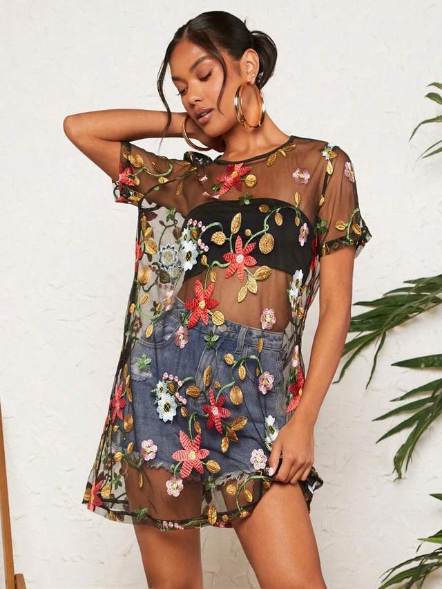 black floral embroidered sheer mesh tunic dress