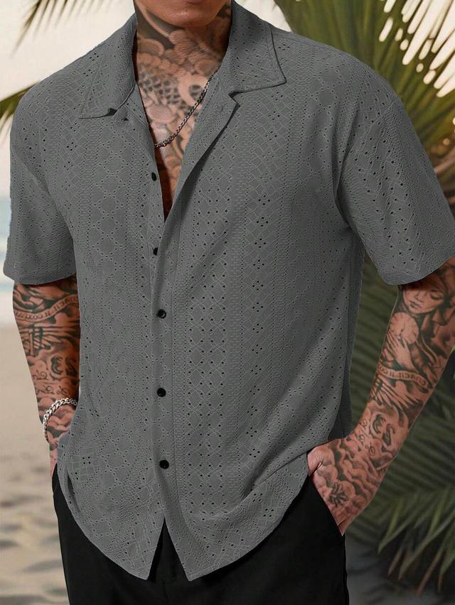 gray geometric crochet textured jacquard short-sleeve shirt