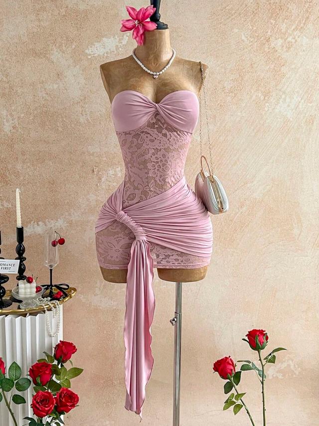 dusty pink strapless lace and ruched mini dress