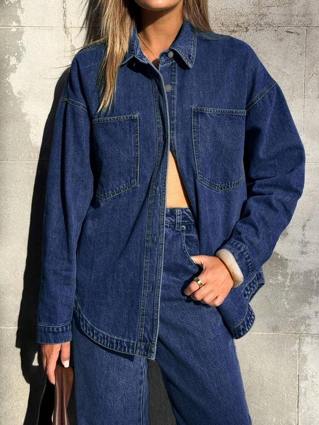 oversized dark wash denim button down shirt jacket