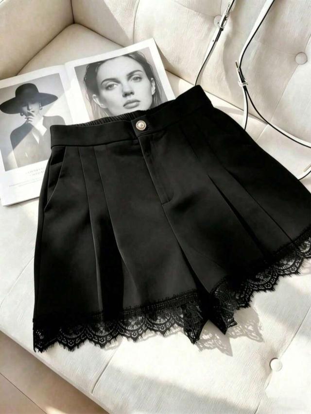 elegant black solid color lace trim pearl button shorts