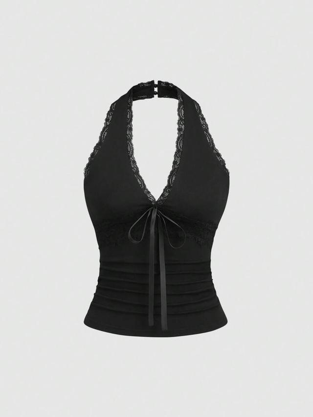 black contrast lace halter backless y2k top