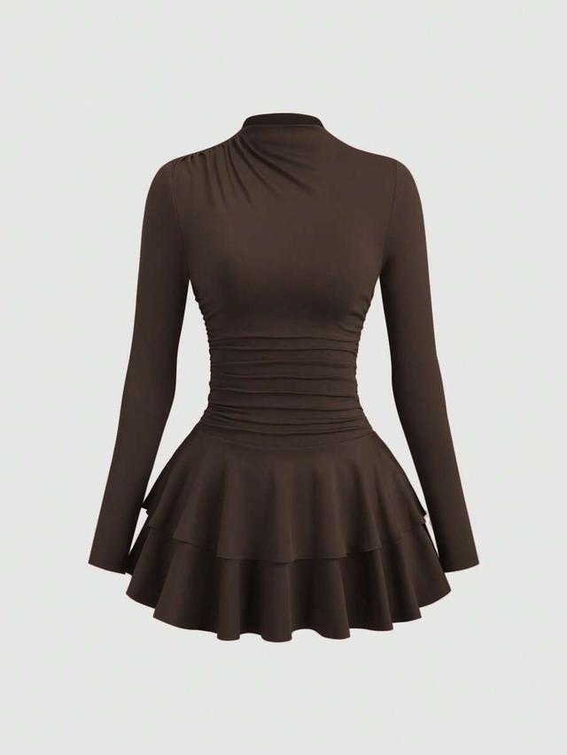 red long sleeve high neck ruched waist vintage dress