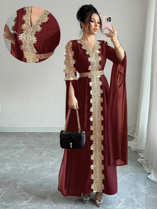 burgundy long sleeve patchwork abaya kaftan dress