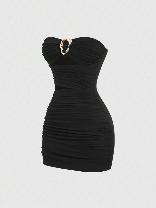 black strapless bodycon dress with metal buckle detail