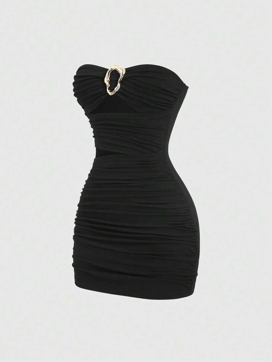 black strapless bodycon dress with metal buckle detail