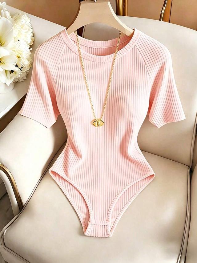 pale pink ribbed short sleeve round neck bodysuit