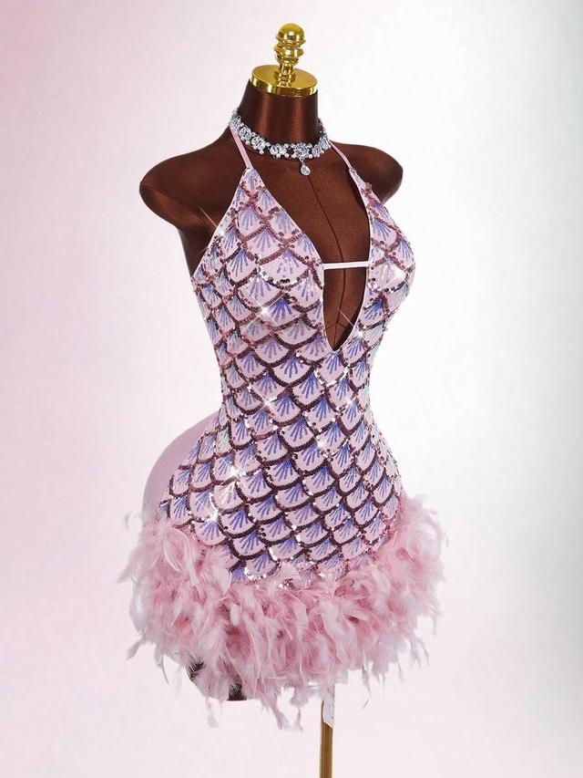 sequin halter mini dress with feather trim