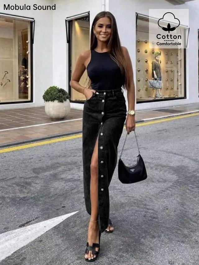 black denim button-down maxi skirt