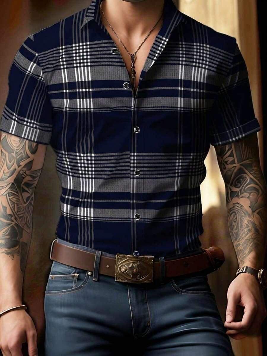 men's navy plaid short sleeve casual shirt