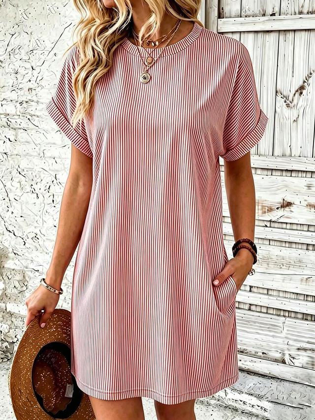 red and white striped cotton shift dress