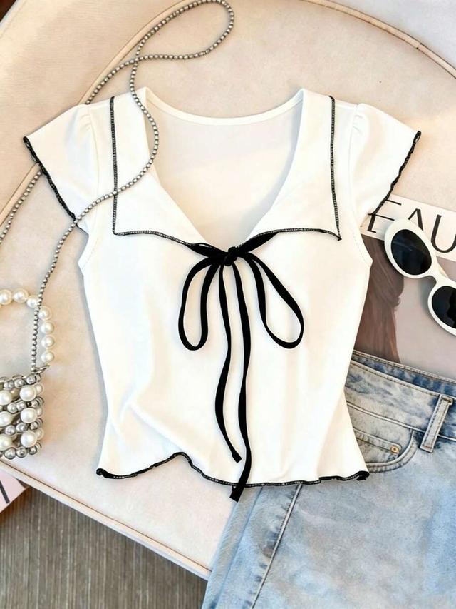 white slim fit bow tie v-neck blouse