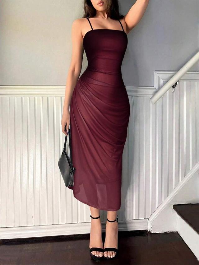 burgundy ombre mesh ruched midi slip dress