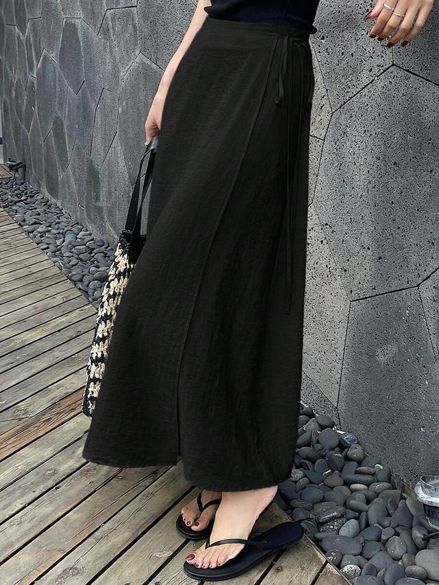 solid black linen blend wrap around midi skirt