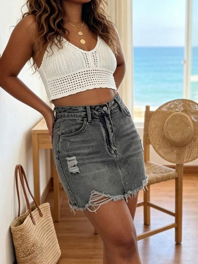 high waist washed denim mini skirt with frayed hem