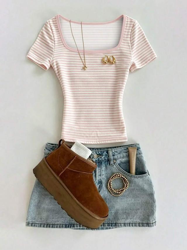 pink and white striped square-neck fitted t-shirt