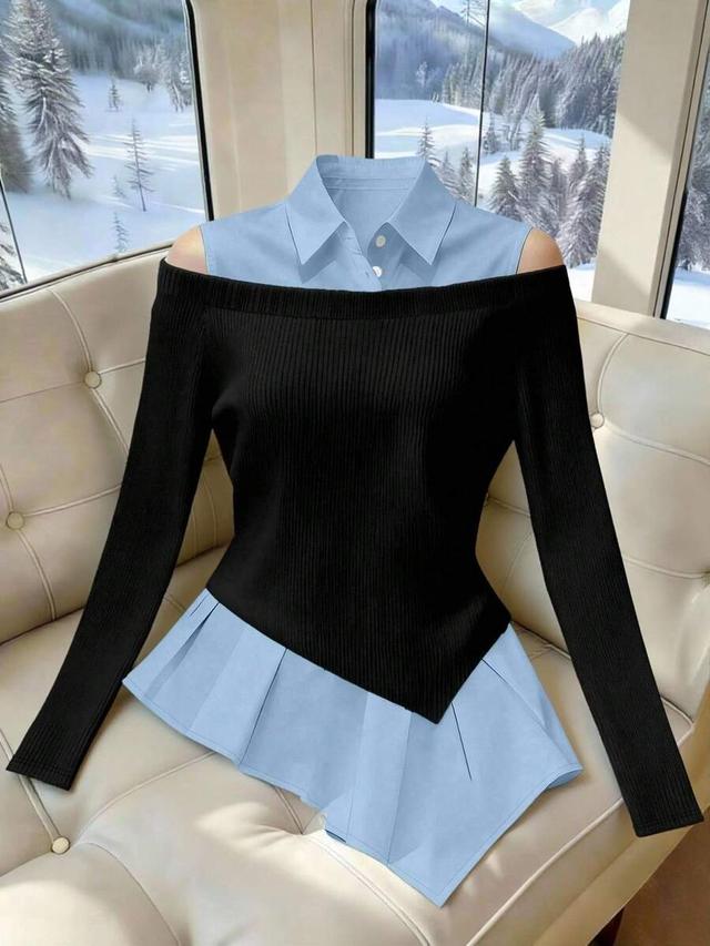 french minimalist contrast color open shoulder puff sleeve blouse